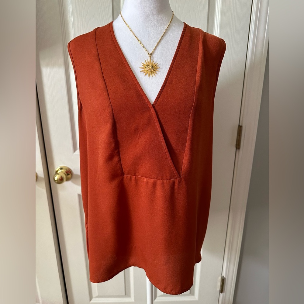 Madison sleeveless V Neck easy on Top, rust color, Large